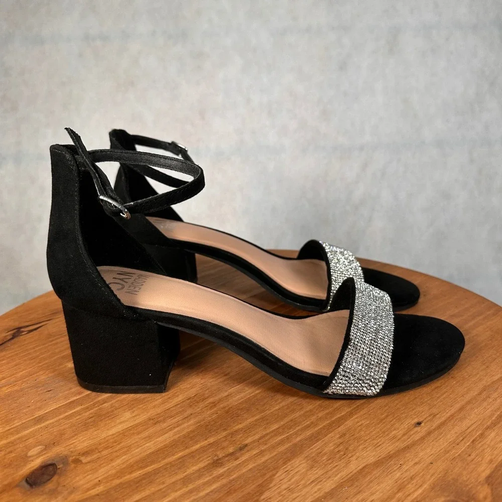 Madden NYC Block Heel Sandals Womens 10 Black Rhinestone Good Strappy Heels